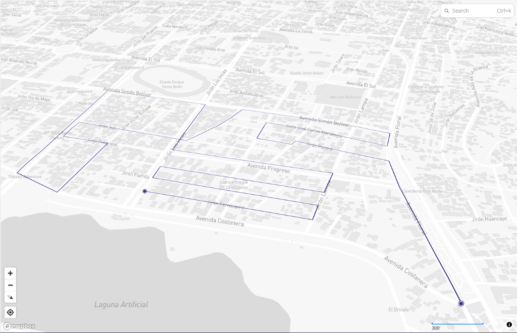 Mapa satelital de la Ruta 1 de recolección de residuos en Puno